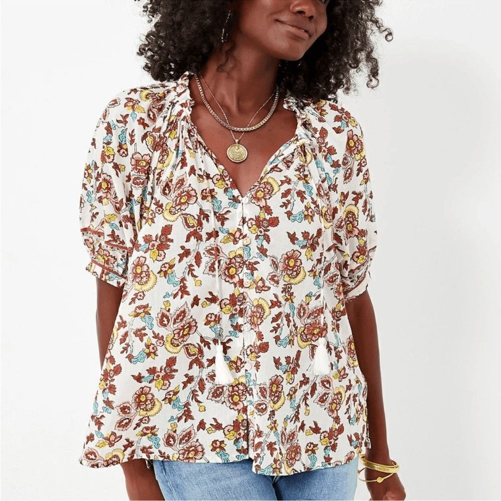 Cleobella White Floral Peasant Blouse with Brown and Turquoise Accents
